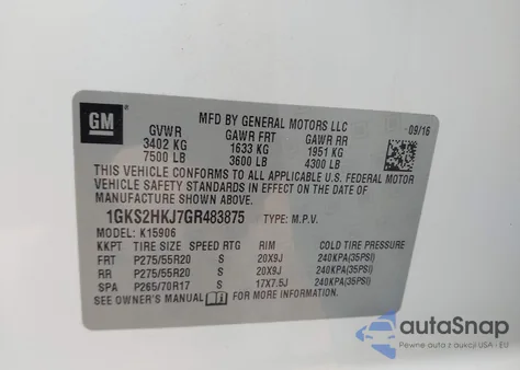 2016 GMC Yukon Xl Denali из США, поврежденный, VIN 1GKS2HKJ7GR483875